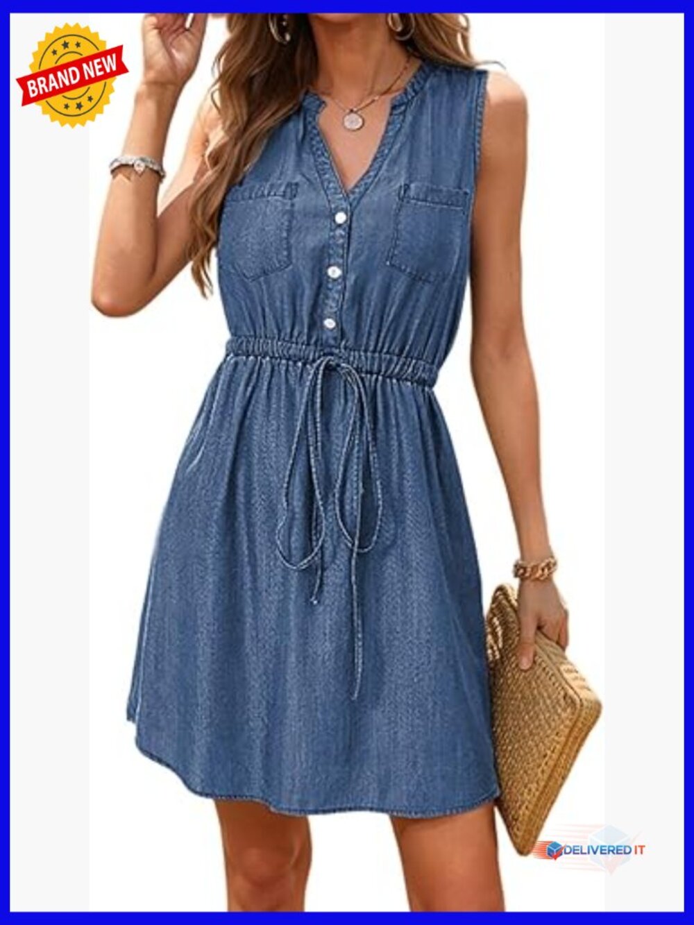 Sleeveless V-Neck Button Down Denim Dress with Pockets